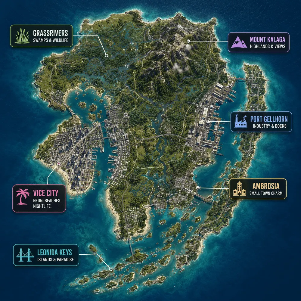 Carte de GTA 6 de Leonida : Vice City, Port Gellhorn, Mount Kalaga, Grassrivers, Ambrosia et Leonida Keys